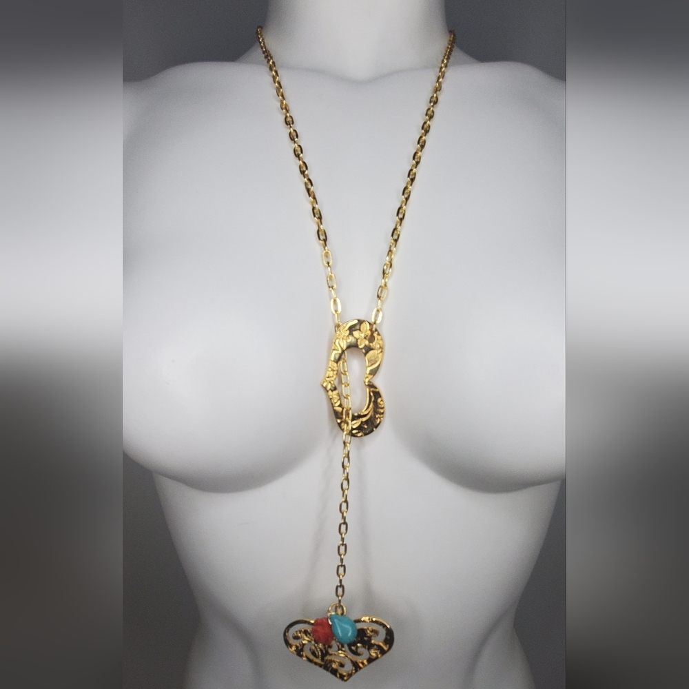 Necklace Elegant Gold Plated with Turqoise And Red Charm Accent